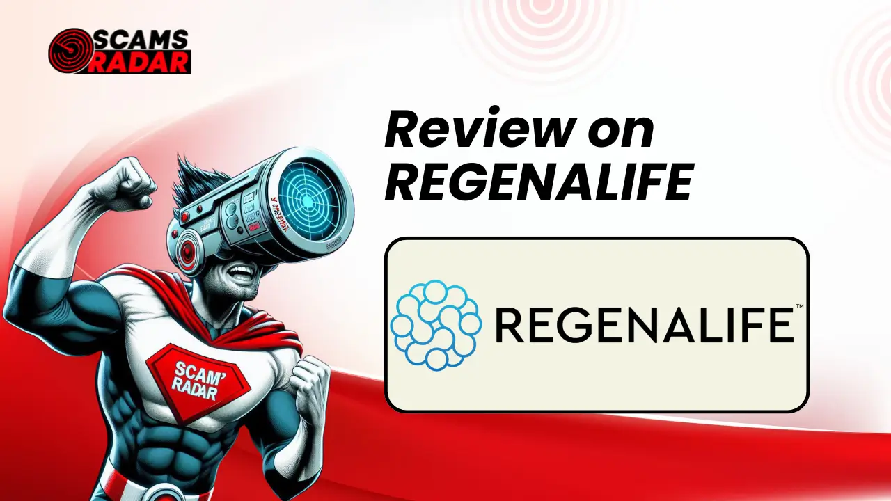 RegenaLife Review - Scam Radar analysis featuring a superhero with radar, highlighting a critical review of RegenaLife.