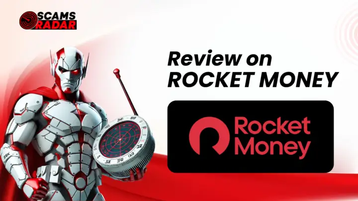 Rocket Money Review - Scams Radar superhero analyzing Rocket Money app with radar device.