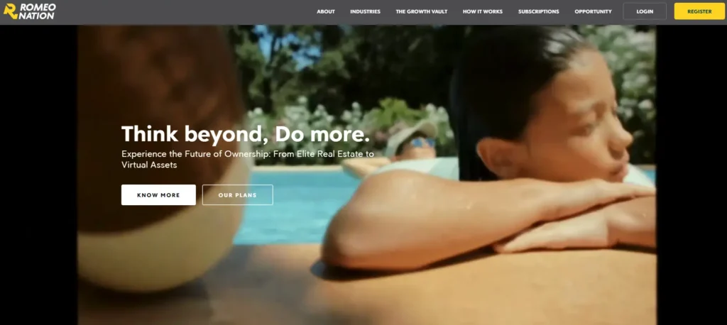 Romeo Nation homepage featuring a luxurious pool scene and 'Think beyond, Do more' slogan.