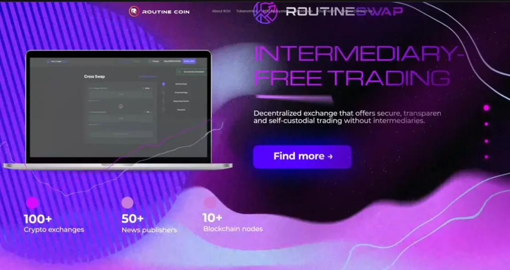 Routine Coin - RoutineSwap interface on laptop with intermediary-free trading details.