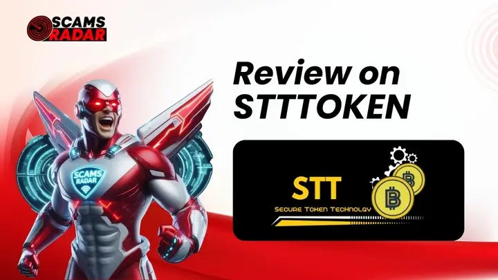 STT Token Review - Scams Radar analysis featuring a futuristic superhero, highlighting secure token technology and Bitcoin integration.