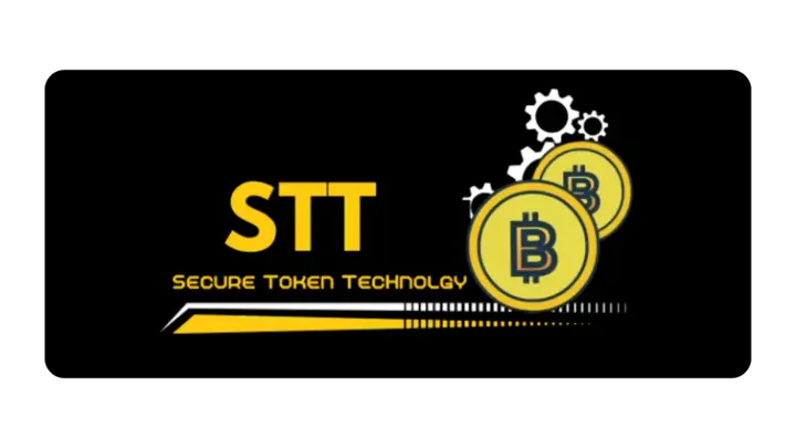 STT Token - Secure Token Technology with Bitcoin integration and gear symbols on a black background.