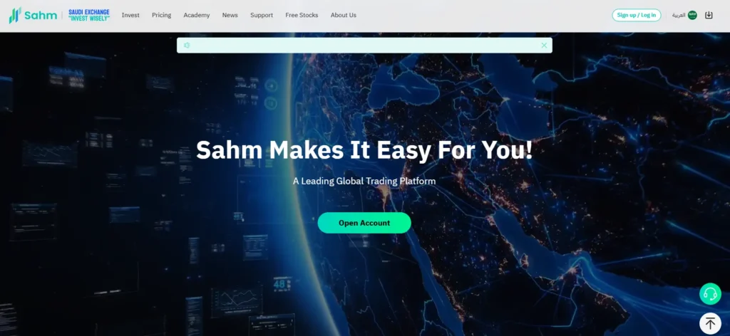 Sahm Capital Homepage - Sahm makes it easy for you with a leading global trading platform, featuring an Open Account button and financial dashboard.