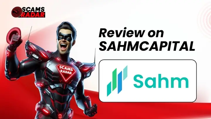 Sahm Capital Review - Scams Radar superhero analyzing Sahm Capital financial services, featuring a red and black armored figure with a logo.