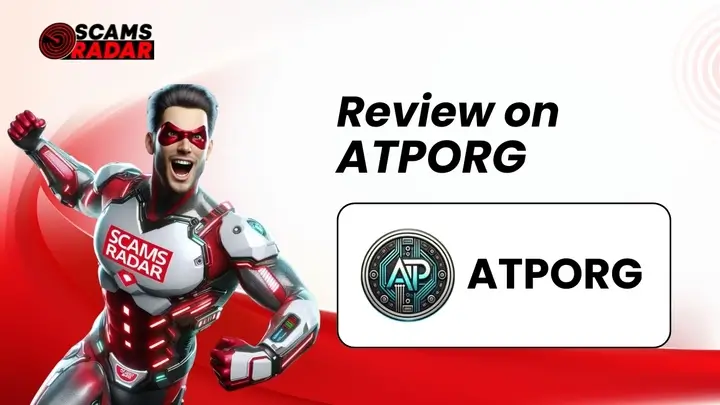ATP Review - Scams Radar Review on ATPORG featuring a superhero in red and white armor with ATPORG logo.