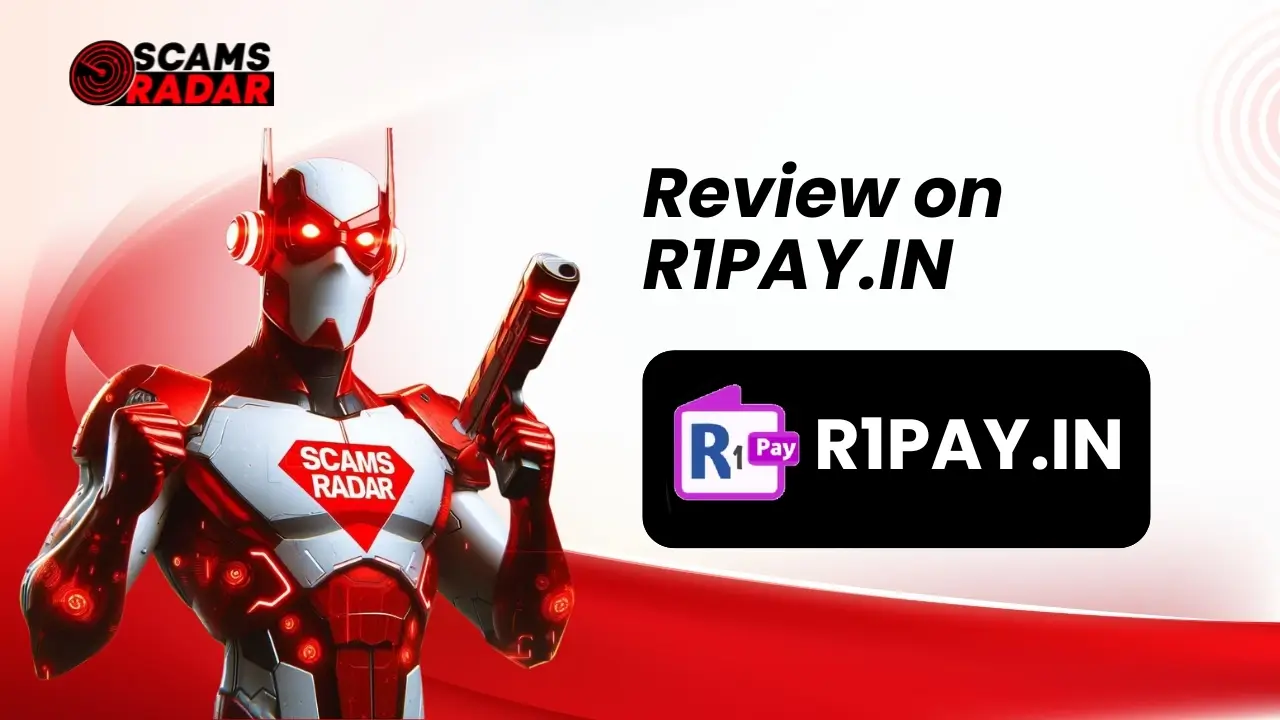R1Pay Review - Scams Radar analysis of R1PAY.IN featuring a futuristic robot with red and white armor holding a weapon, highlighting scam detection