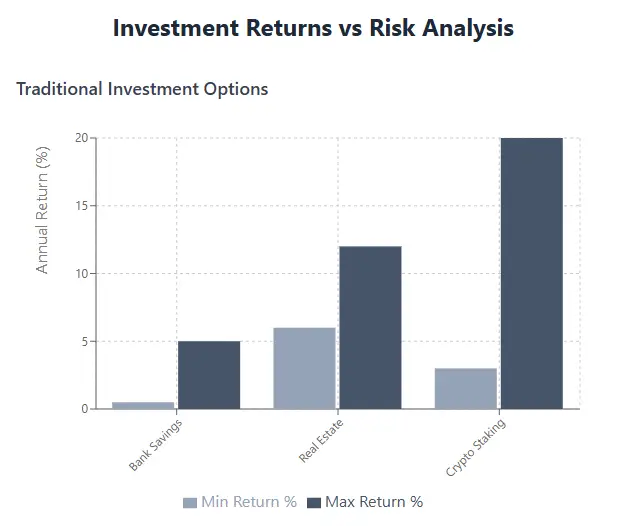 Investment Returns vs Risk Analysis chart comparing Bank Savings, Real Estate, and Crypto Staking