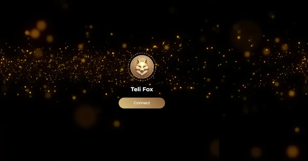 Telifox connect button with golden fox coin on a sparkling black background