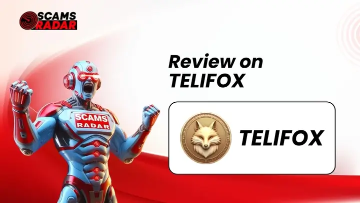 Telifox Review - Scams Radar analysis featuring a robot character and Telifox coin logo.