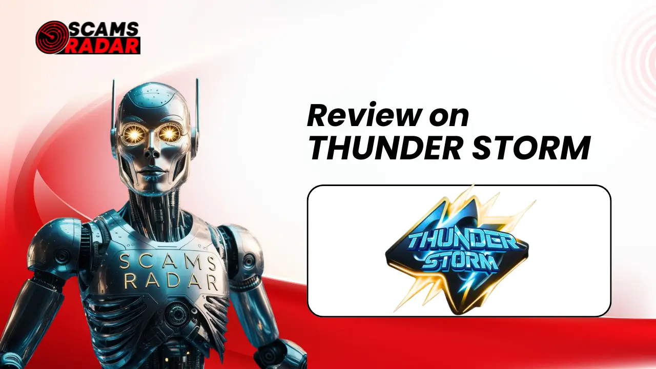 Thunder Storm Review - Detailed analysis by Scams Radar featuring a futuristic robot and logo.