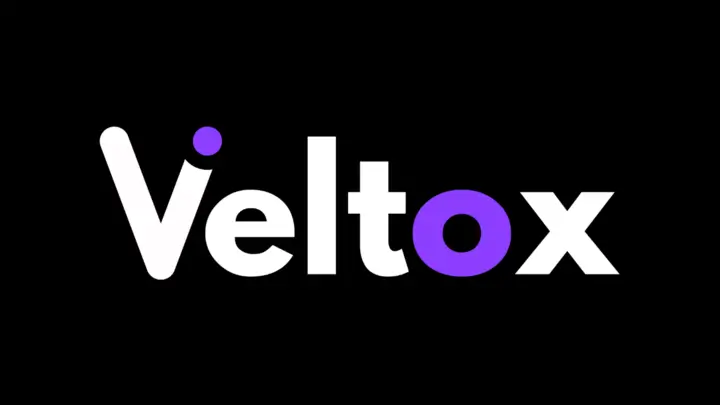 Veltox - Official logo featuring modern white and purple text on a black background.