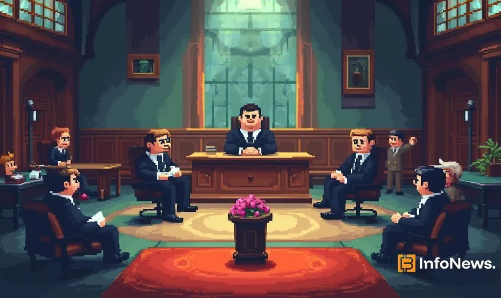 Pixel art-style courtroom scene symbolizing Reddit's lawsuit against Anthropic for unauthorized user data scraping