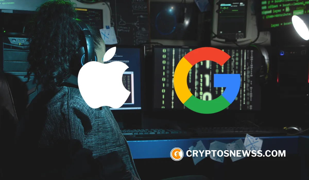 Hacker setup with Apple and Google logos over screens, highlighting the $16B data breach raising crypto security concerns