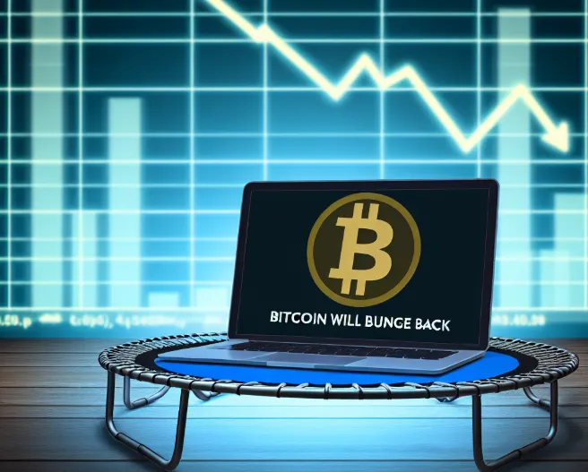 Laptop showing Bitcoin bounce back message on trampoline with bearish chart in background