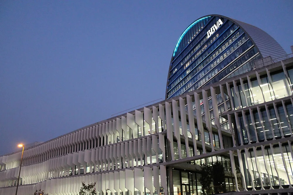 BBVA headquarters in Spain, symbolizing the bank's forward approach to cryptocurrency and digital finance