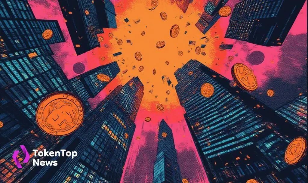 Artistic crypto scene with buildings and flying coins, symbolizing Beat Holdings’ $5.6B Bitcoin investment news