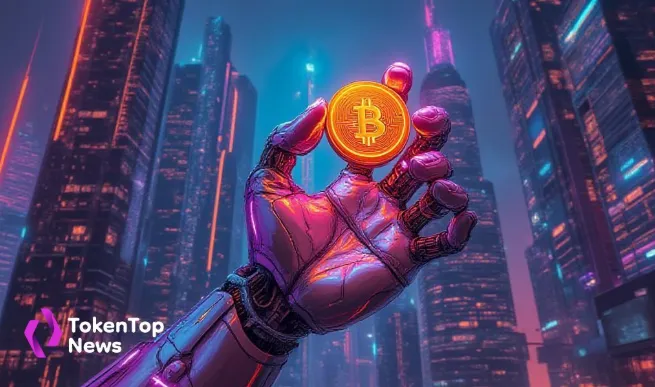 A robotic hand holding a glowing Bitcoin in a futuristic cityscape, symbolizing AI integration in crypto
