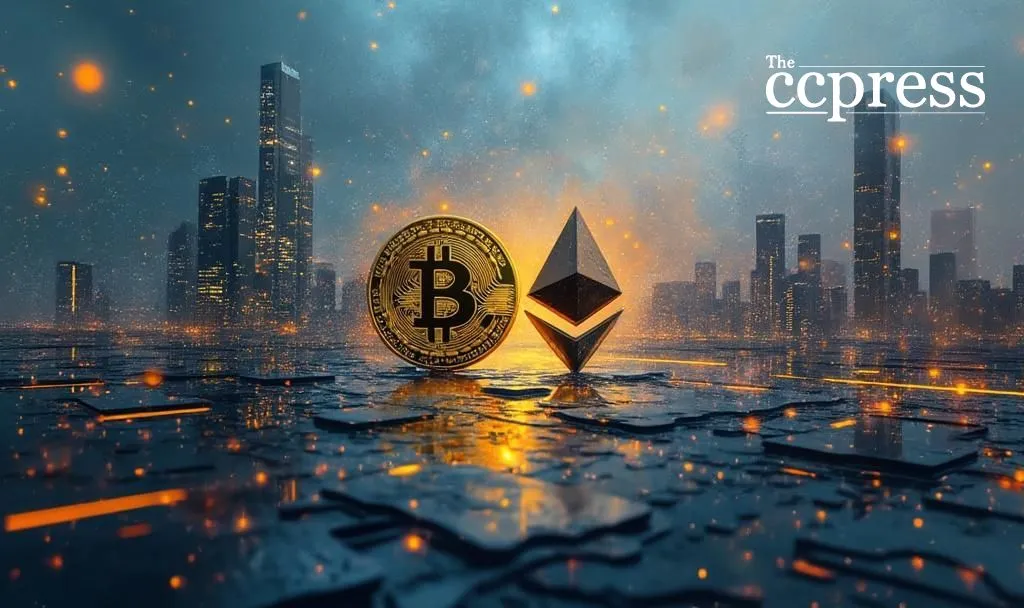 Bitcoin and Ethereum logos glowing in a futuristic city skyline, symbolizing dominance in the digital asset market