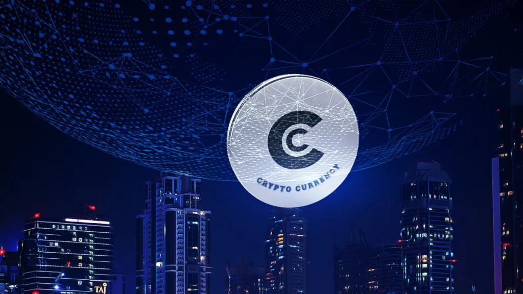 Cryptocurrency coin above futuristic city skyline representing Bitcoin market decline and digital shift