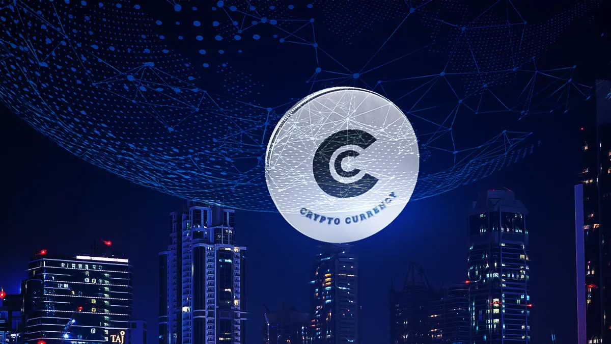 Cryptocurrency coin above futuristic city skyline representing Bitcoin market decline and digital shift