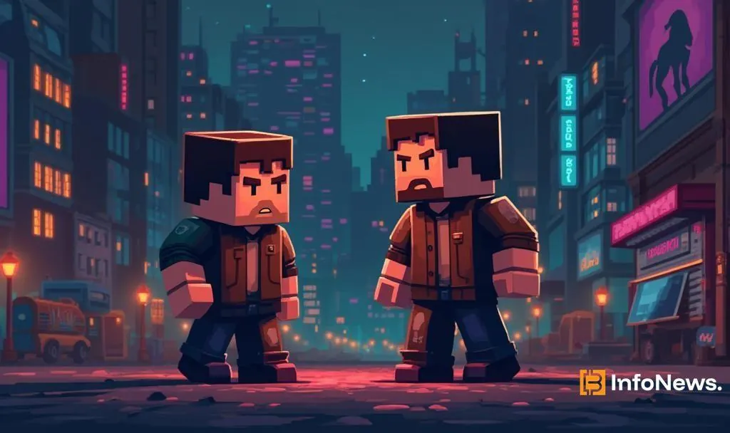 Pixel-style illustration of two suspicious figures facing off in a neon-lit city, symbolizing a Bitcoin ransom scandal