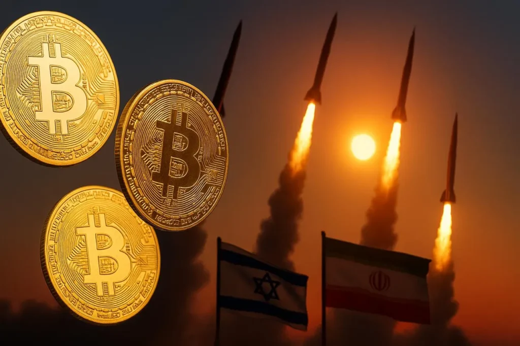 Bitcoin coins with background of missile launches and flags of Israel and Iran, symbolizing crypto amid war tensions