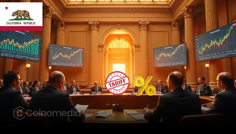 California officials in a government hearing room analyzing crypto charts, tariffs, and policies related to unclaimed digital assets