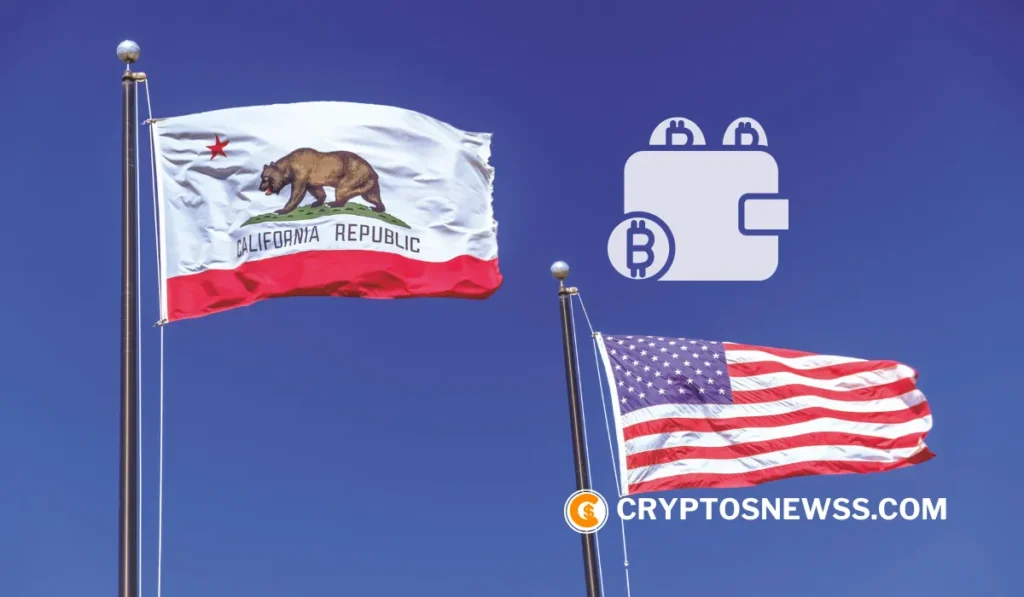 California and U.S. flags waving with Bitcoin wallet icon, representing state interest in crypto transactions