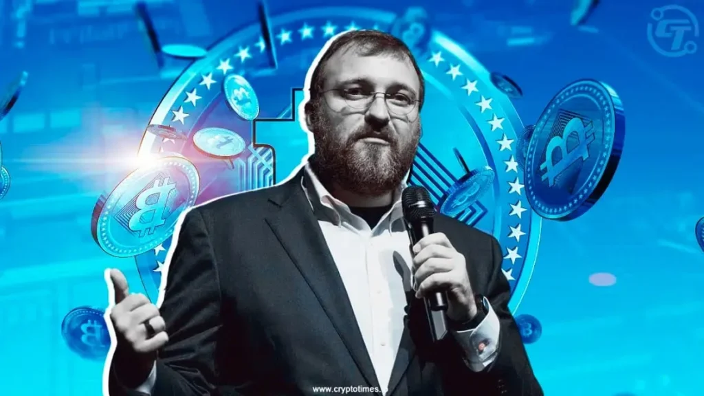 Charles Hoskinson announcing Cardano's first Bitcoin-based DeFi protocol with crypto-themed background