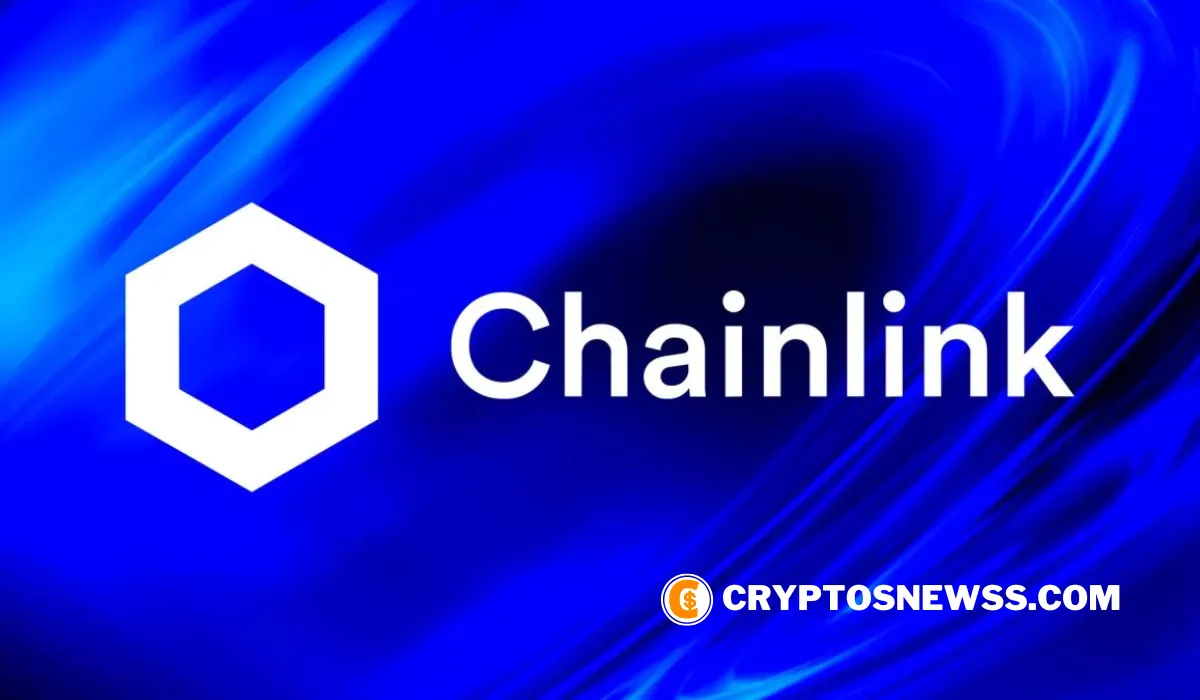 Chainlink logo on a blue background reflecting price drop and increased short positions