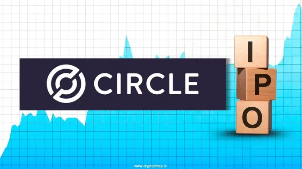 Circle logo with IPO blocks and financial chart background representing $1.05B NYSE listing expansion