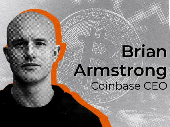 Brian Armstrong, Coinbase CEO, with Bitcoin symbol background, highlighting his statement on weekly Bitcoin purchases