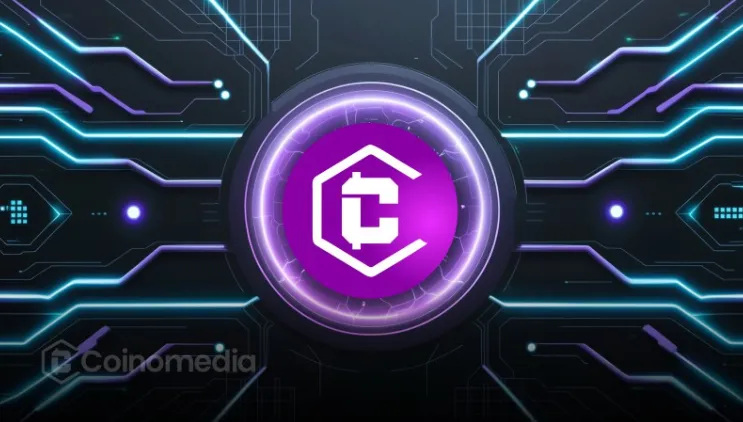 Coinomedia token logo in purple with neon digital circuit background, symbolizing blockchain and crypto innovation