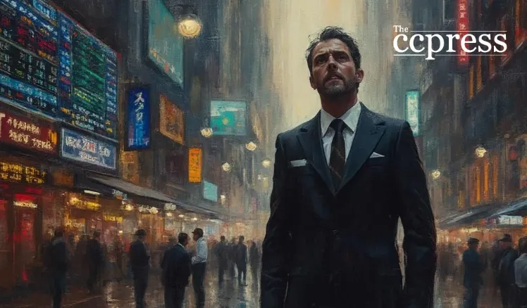 A confident businessman in a suit stands in a neon-lit city street with digital exchange signs, symbolizing the rise of crypto finance