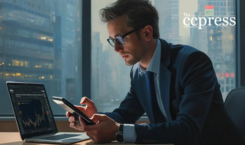 Businessman analyzing crypto data for bankruptcy asset recovery in office with digital tools