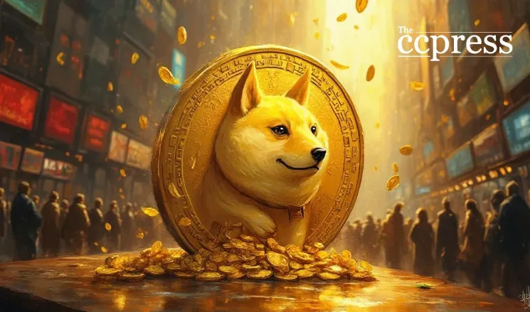 Dogecoin coin surrounded by gold in a busy market, symbolizing strong support and investor optimism