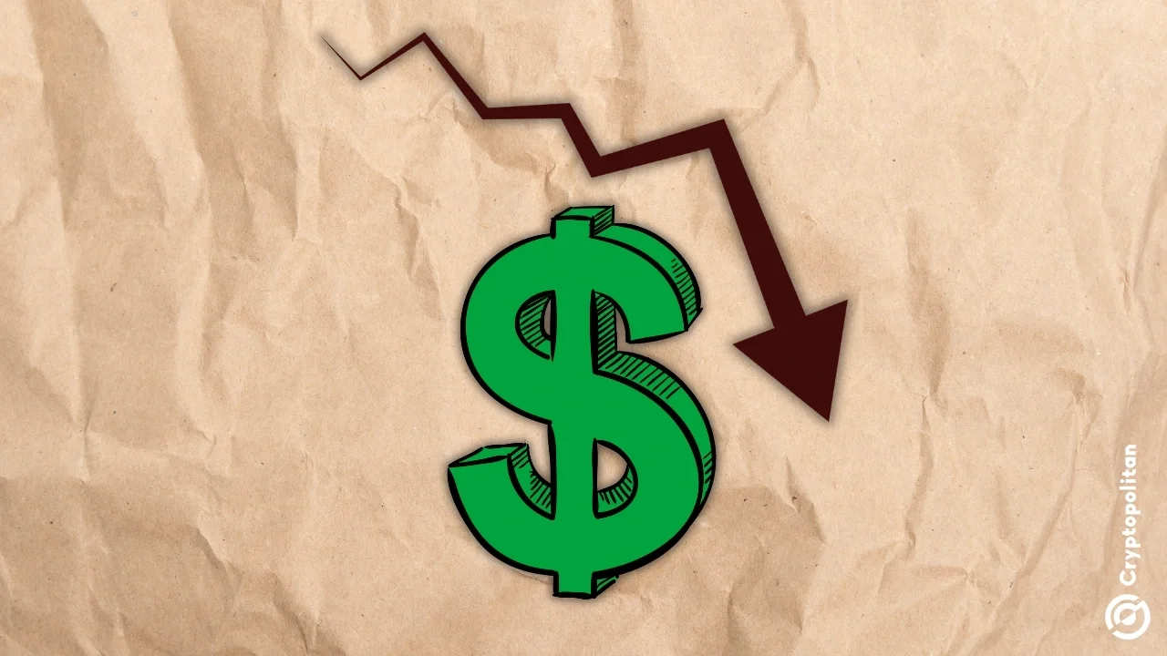 Green dollar sign with downward arrow representing the U.S. dollar sinking to a six-week low amid economic concerns