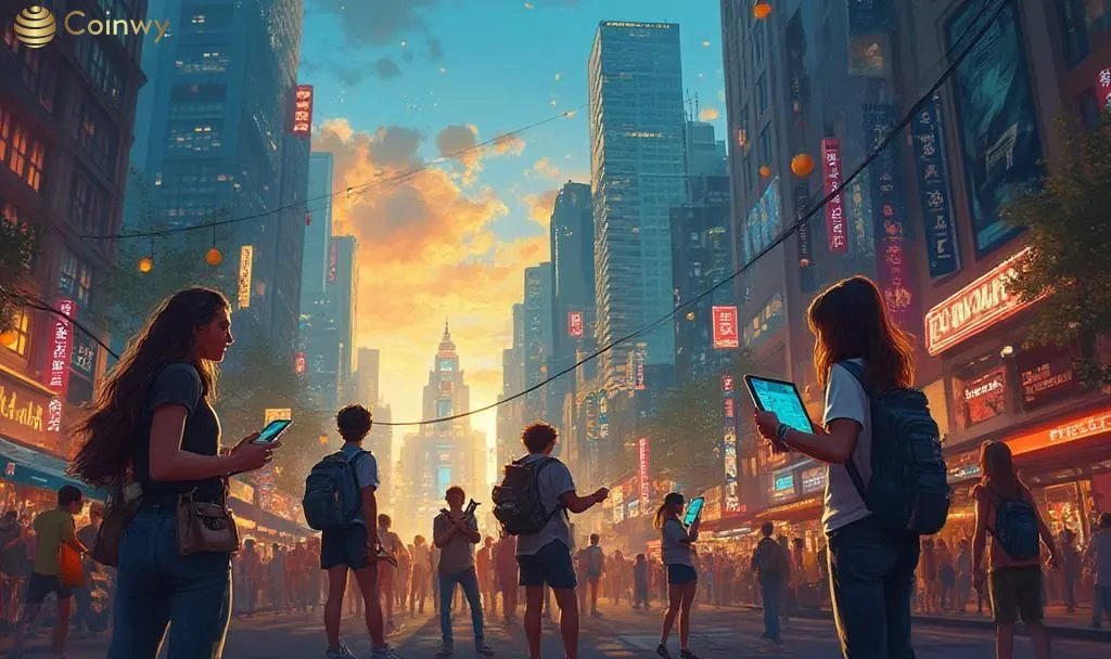 People using mobile apps in a busy city street, symbolizing Dropee's daily combo offers and growing token engagement