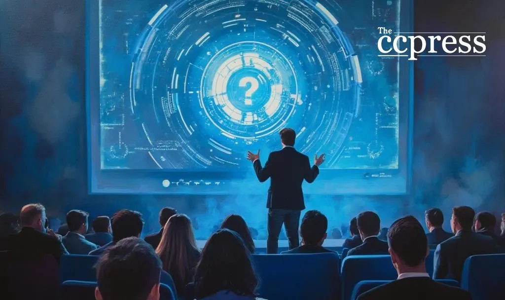 Speaker presents futuristic Bitcoin-based XChat encryption system to an audience in a high-tech conference room