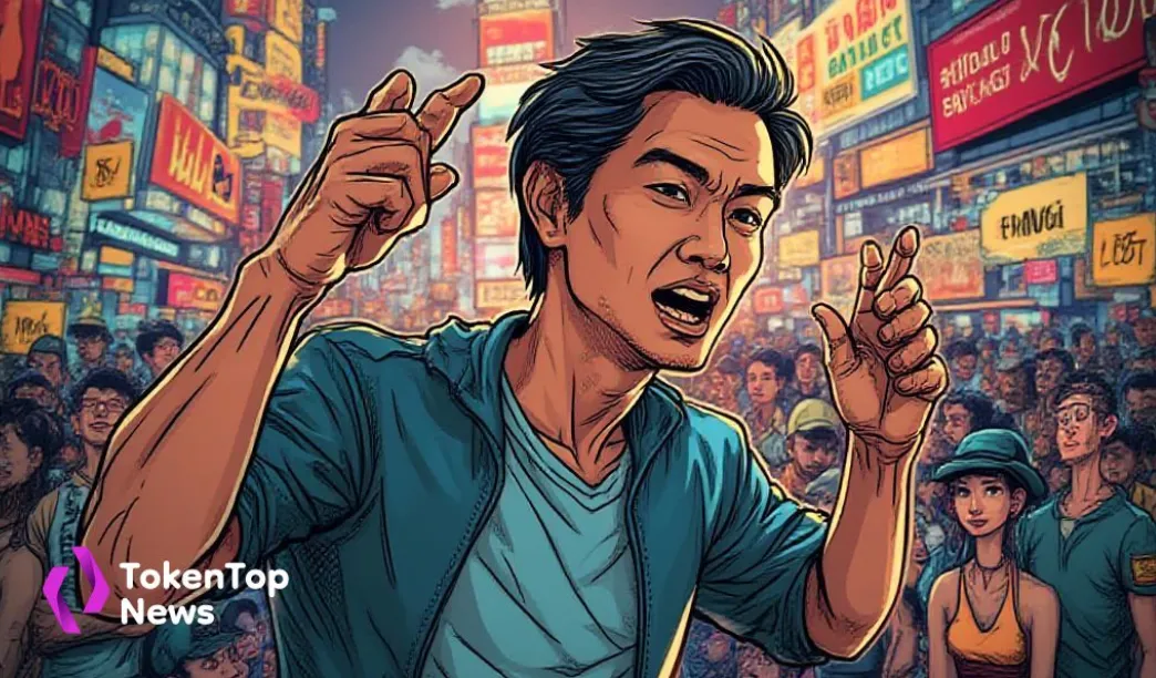 Eugene Ng animated in a crowded city scene, addressing a crypto crowd with TokenTop News branding in the background