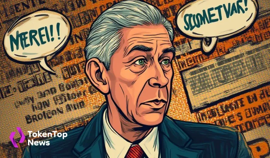 Cartoon of a Federal Reserve official with speech bubbles, symbolizing economic uncertainty and interest rate decisions