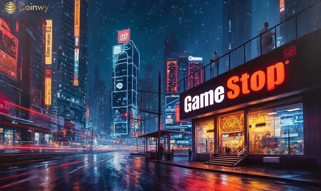 GameStop storefront in futuristic city reflecting $2.25B convertible notes offering and market momentum