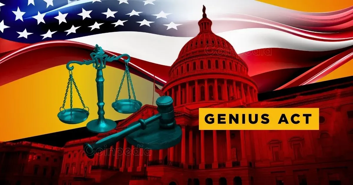 GENIUS Act graphic with U.S. Capitol, justice symbols, and American flag representing crypto regulation support