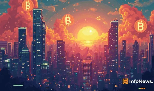 Pixel sunset skyline with Bitcoin logos in the sky, symbolizing Genius Group’s crypto investment move