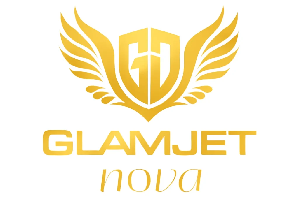 GlamJet Nova Logo with golden wings and modern font, symbolizing elegance and innovation.