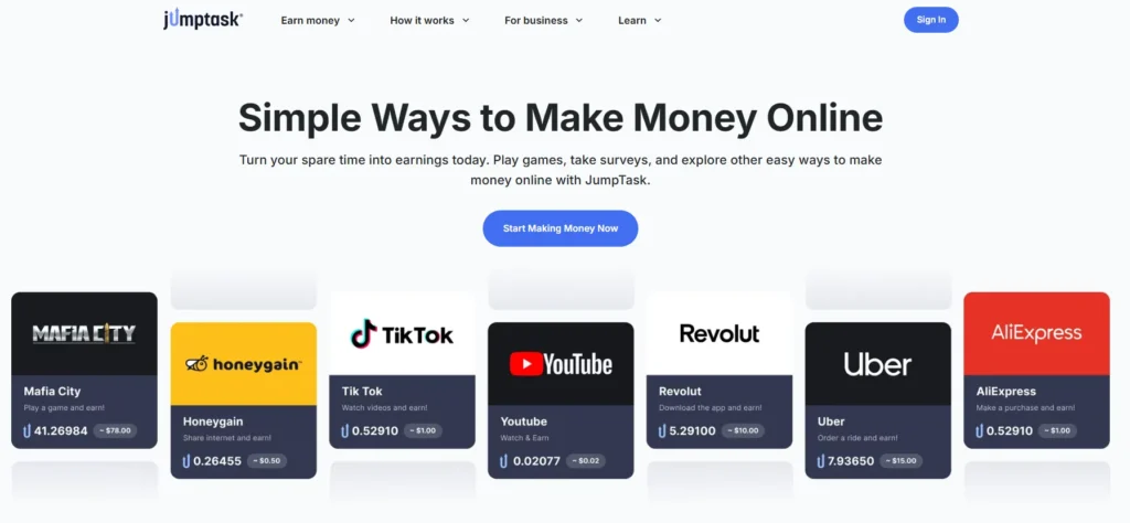 JumpTask Review banner showing simple ways to earn online like TikTok, Uber, AliExpress, and more