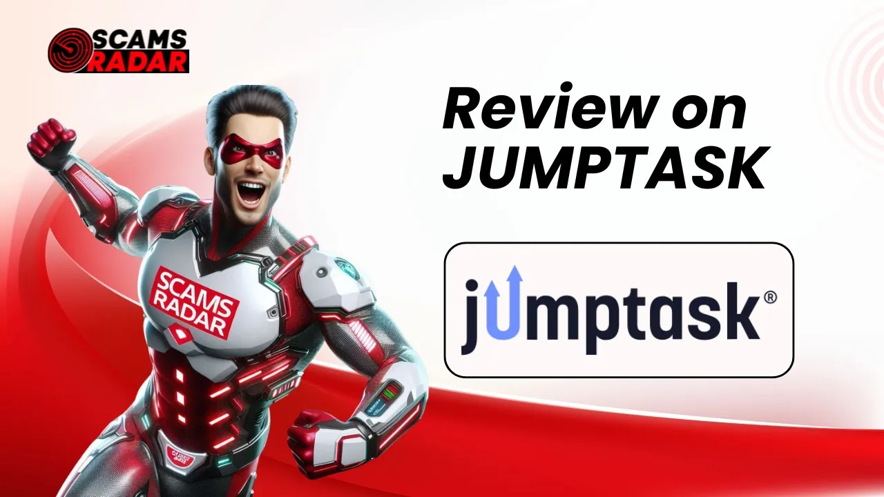 JumpTask Review banner featuring Scams Radar superhero and JumpTask logo