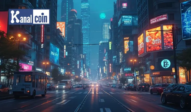 A futuristic city street glowing with neon lights, showcasing Kanal Coin branding on a billboard