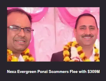 Two men wearing garlands in front of a pink backdrop, identified in Nexa Evergreen Ponzi scam fleeing with $309 million