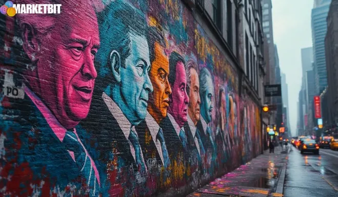 Colorful street mural of political figures in NYC, symbolizing the clash of crypto agendas in the city’s mayoral race